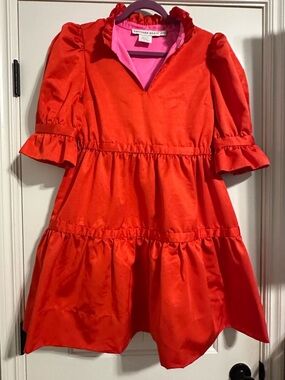 Gretchen Scott Teardrop Fraille Dress Preppy Romantic Tiered Puff Ruffle Red S